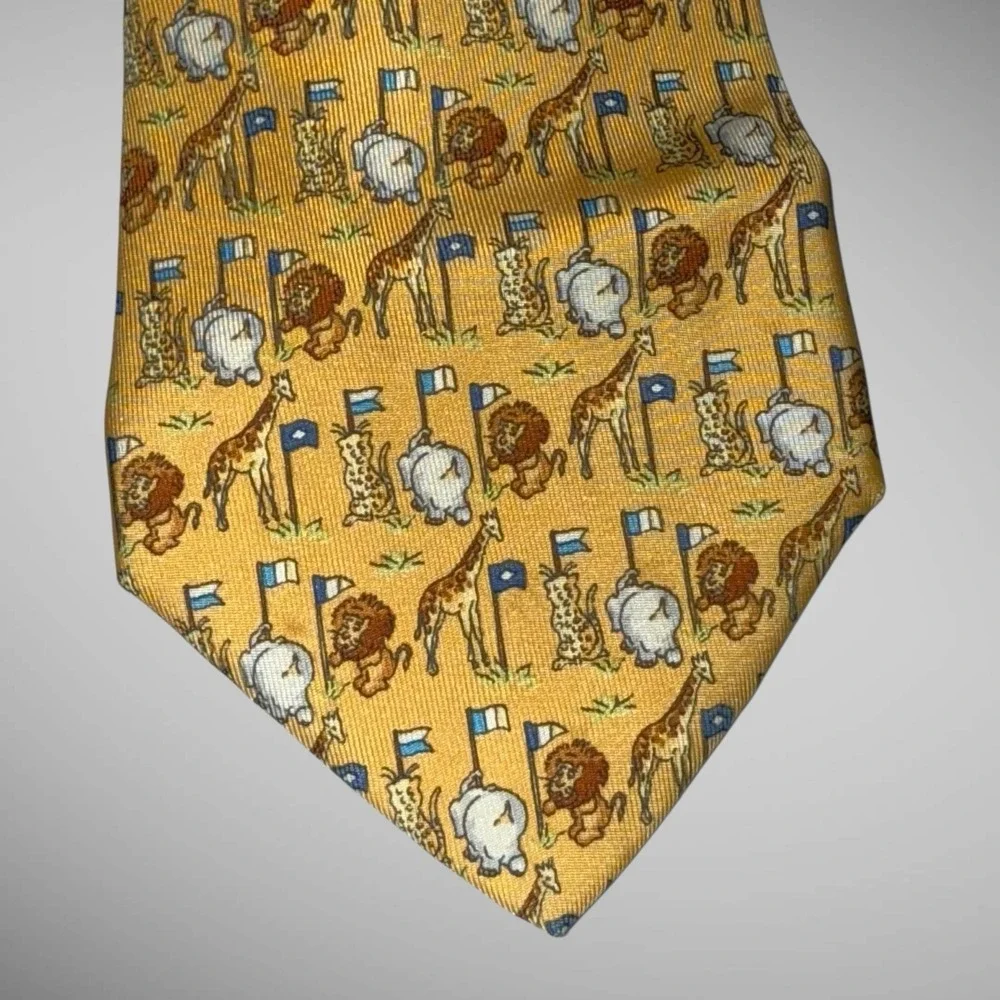 Salvatore Ferragamo Authentic‎ Men Tie Animal Pattern Silk Necktie Yellow